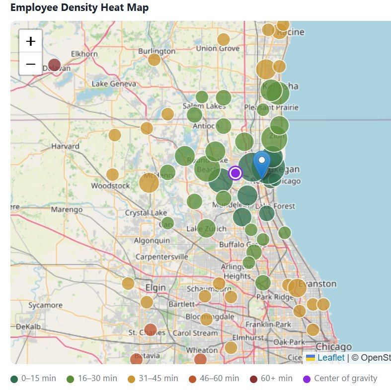 Employee density heat map by drive-time band